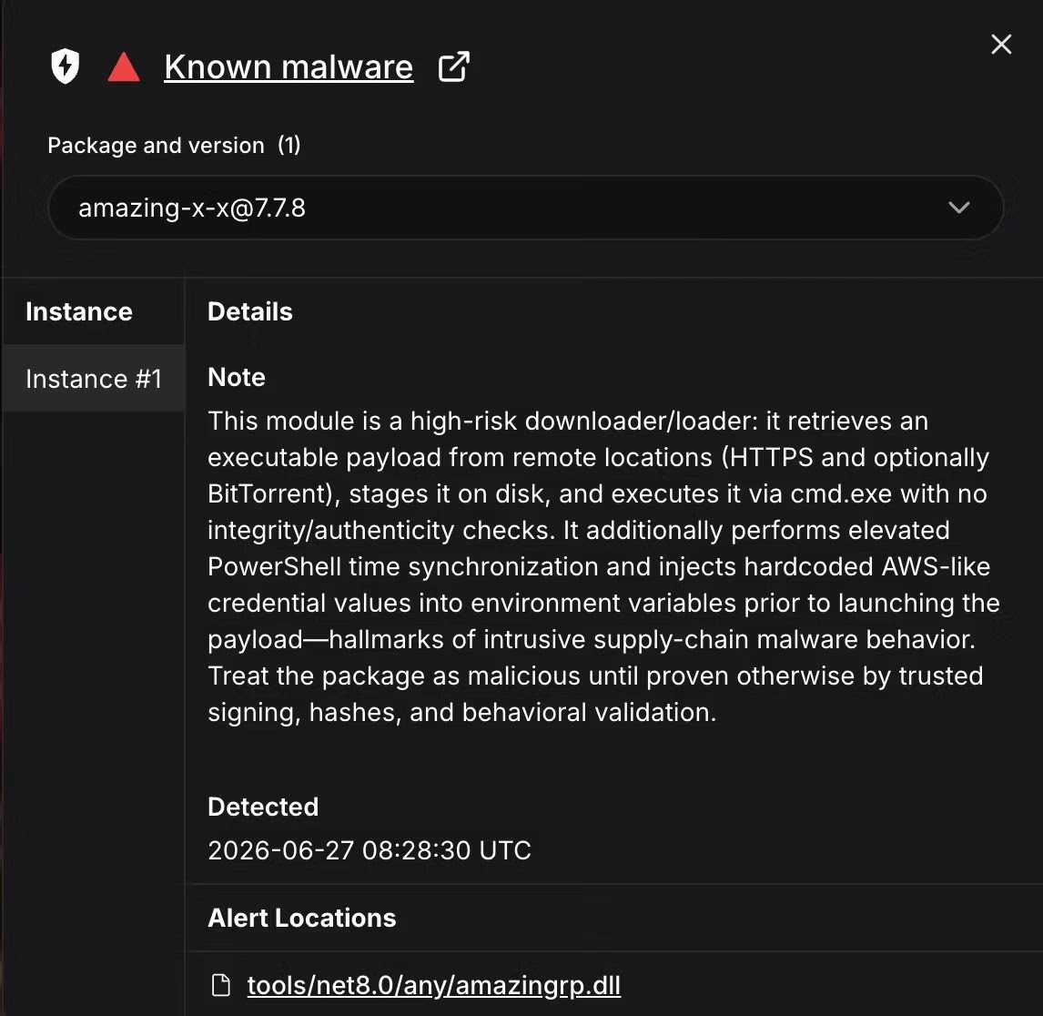 Socket’s AI Scanner flagging amazing-x-x@7.7.8 as known malware.