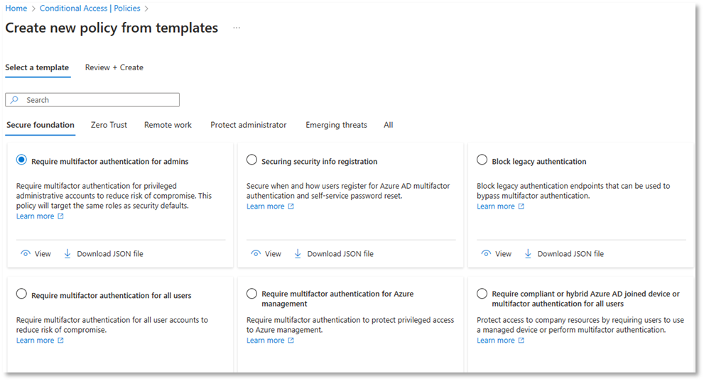 Conditional Access policy templates.
