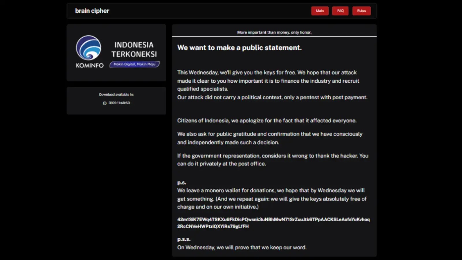 Brain Cipher Released Decryption Keys for Free, Apologies to Indonesia