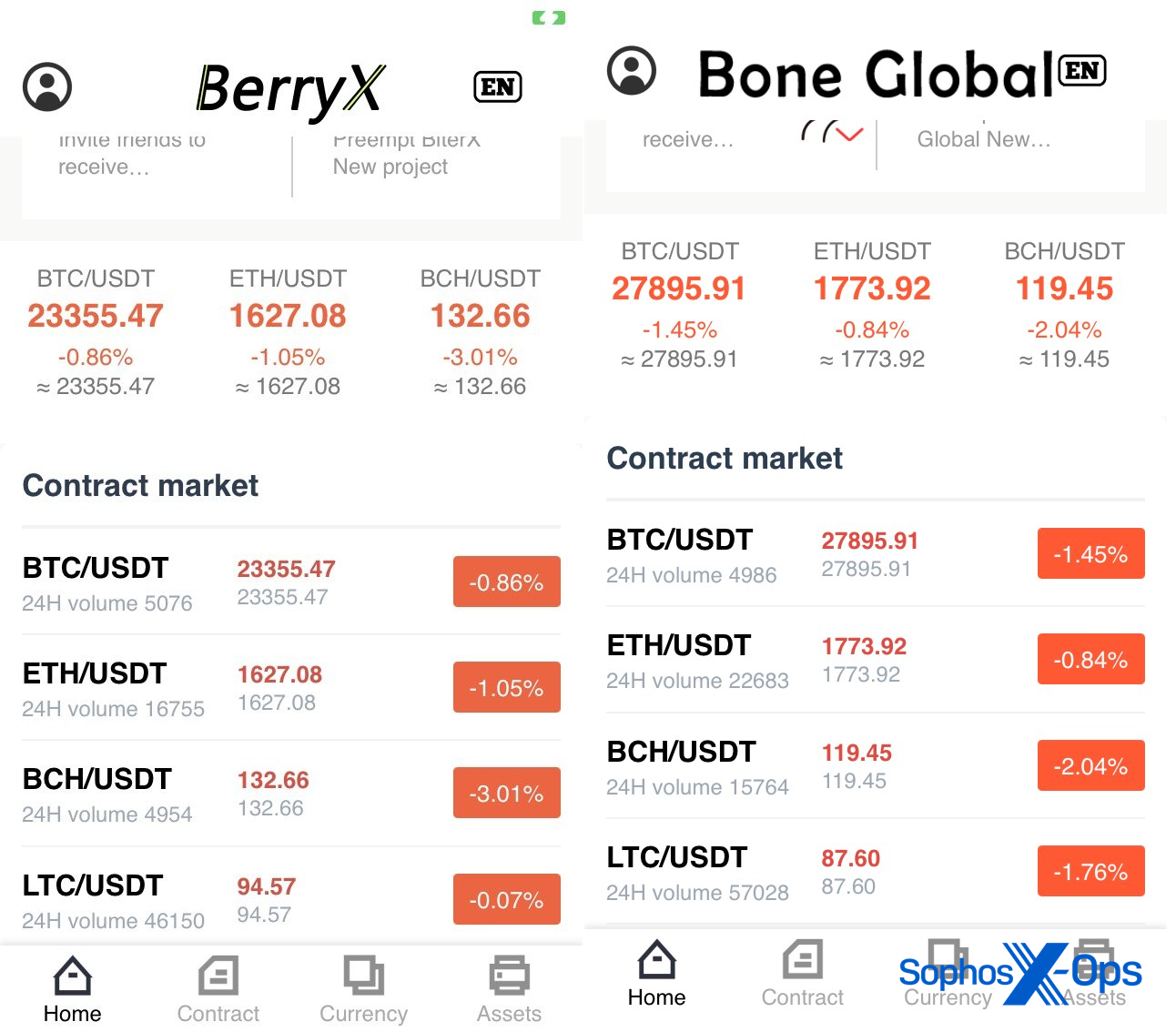 Figure 6: Side-by side views of the user interfaces of nearly identical CryptoRom fake apps