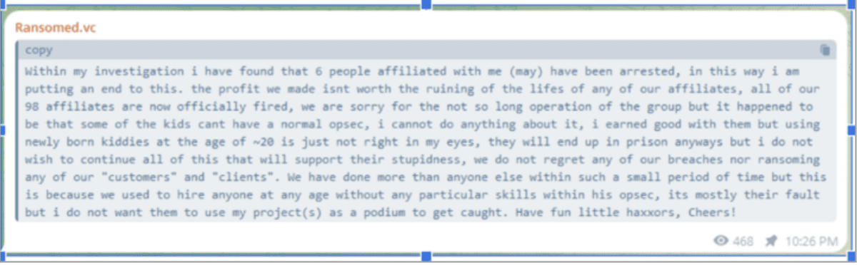Ransomed[.]vc announces possible arrest of operatives and firing of 98 affiliates