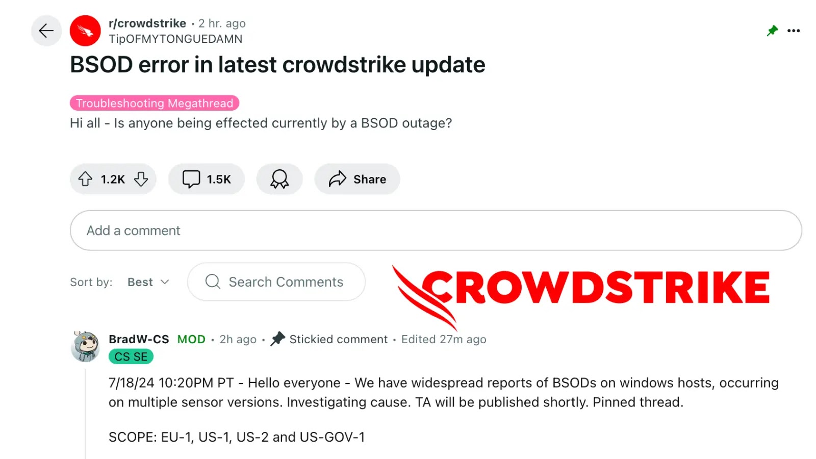 CrowdStrike Update Pushing Windows Machines Into a BSOD Loop