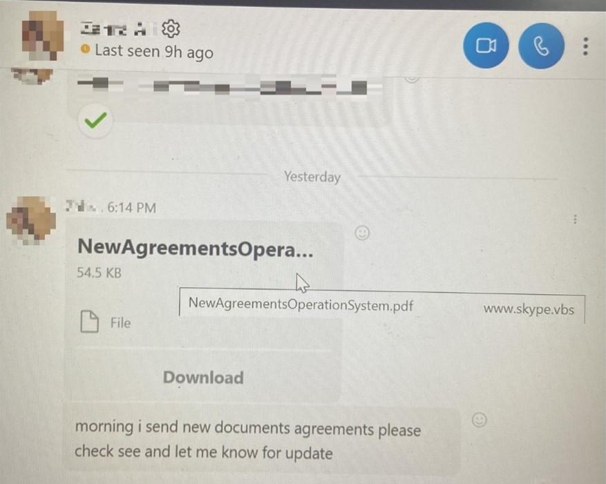 Skype message with an embedded malicious attachment posing as a PDF file