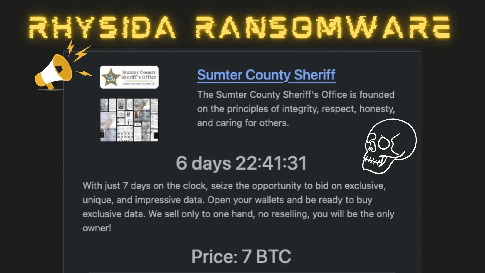 Sumter County Sheriff’s Office Systems Hit by Rhysida Ransomware