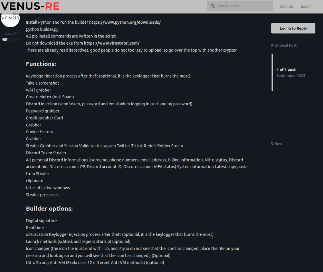Advert detailing the malware’s major capabilities and some build options.
