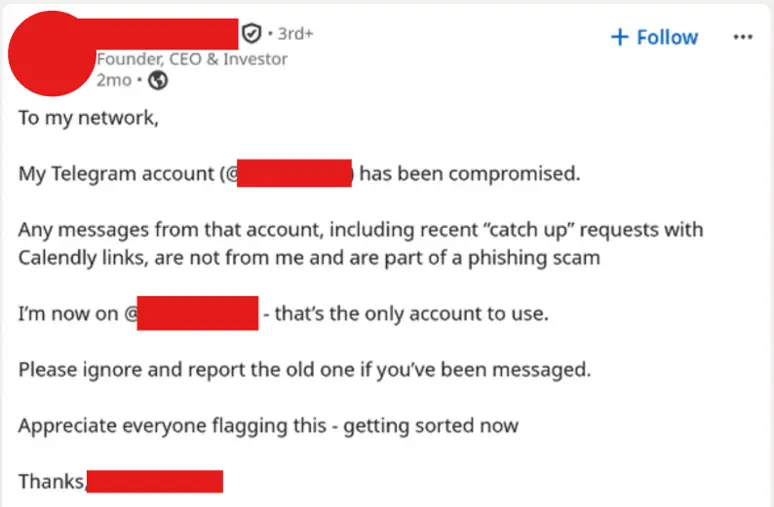 A founder announcing their Telegram account as compromised (Source - Jumpsec)