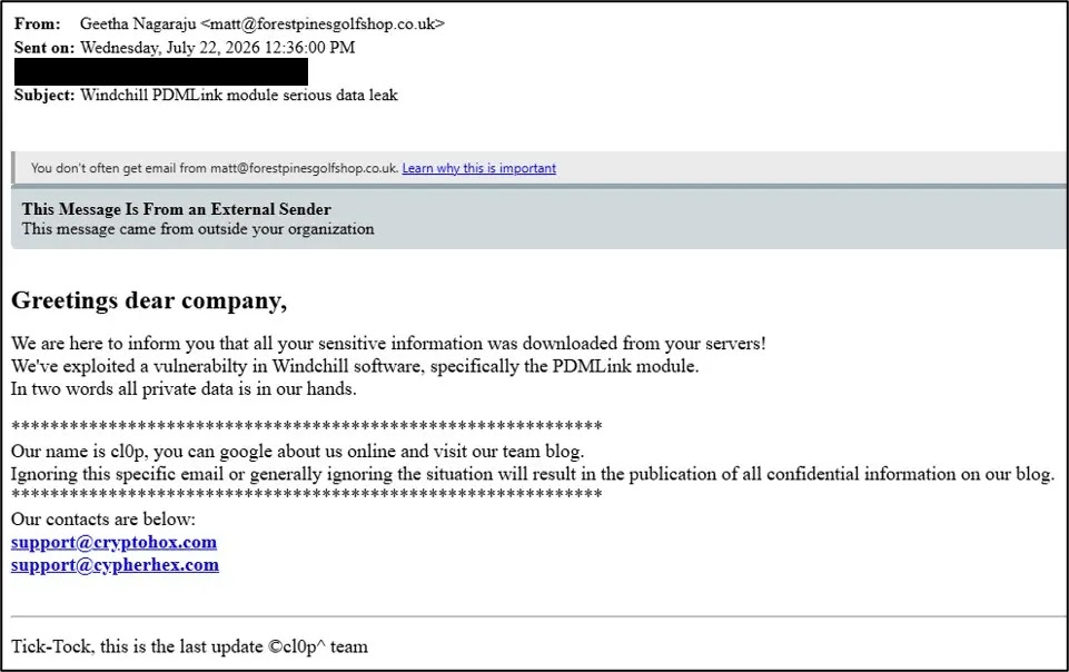 A further extortion email to the same recipients (Source - Ransom-ISAC)