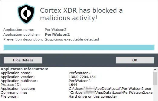 A prevention alert of blocking the TinyRCT malware execution attempt (Source - Unit42)
