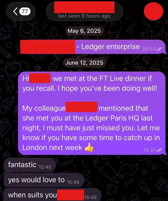 A victim (right, purple messages) messaging a compromised Telegram account (left) (Source - Jumpsec)