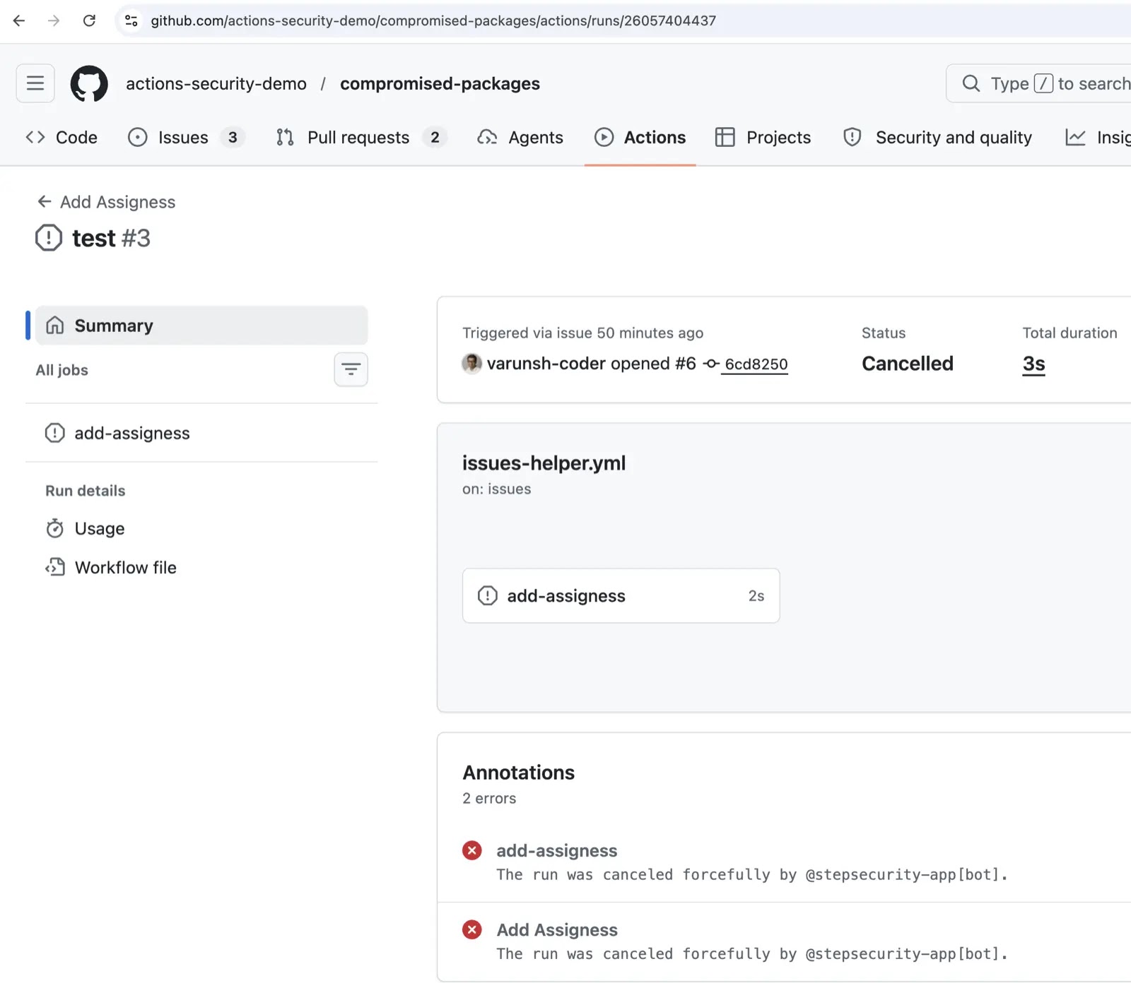 A workflow run that referenced the compromised action was cancelled by stepsecurity-app[bot] before any malicious code could execute — the Compromised Actions Policy in action (Source - StepSecurity)