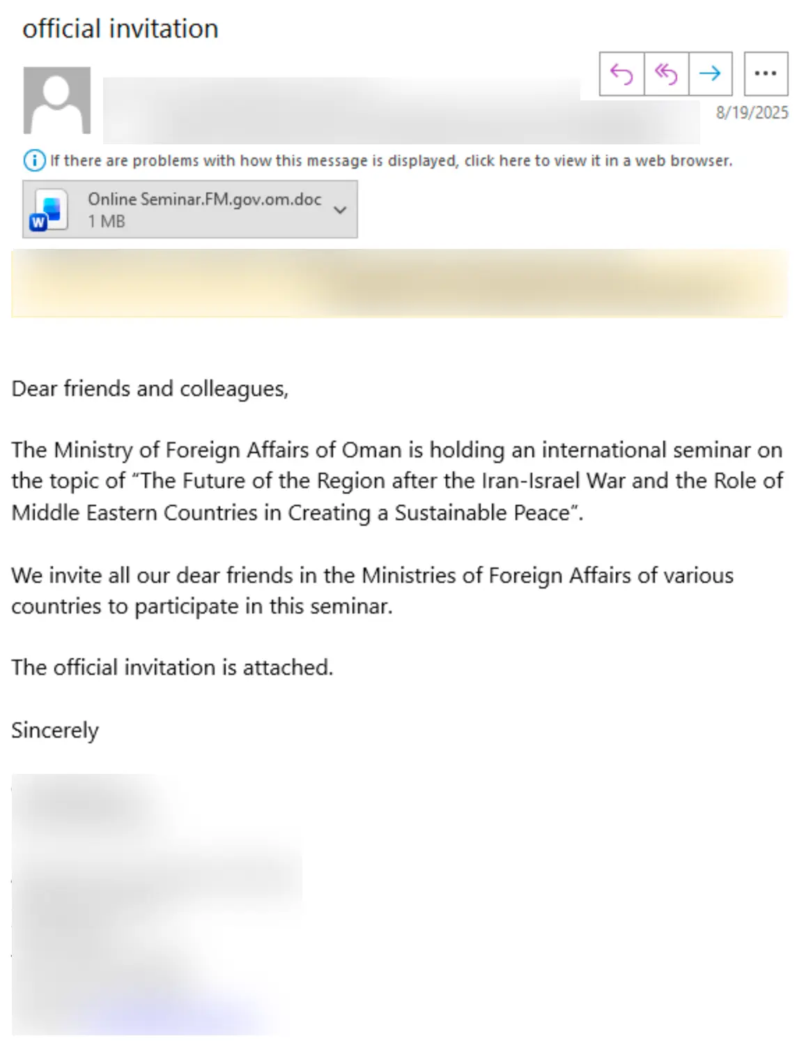 An email sent from a compromised email account to foreign embassies, government ministries and international organizations (Source - Unit 42)