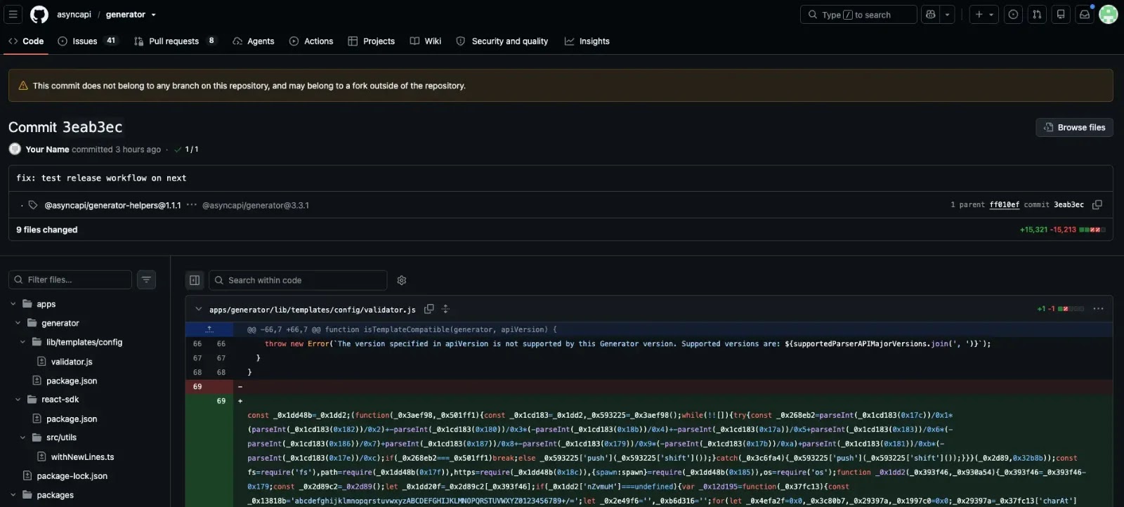 An unsigned commit associated with GitHub's invalid-email placeholder (Source - JFrog)