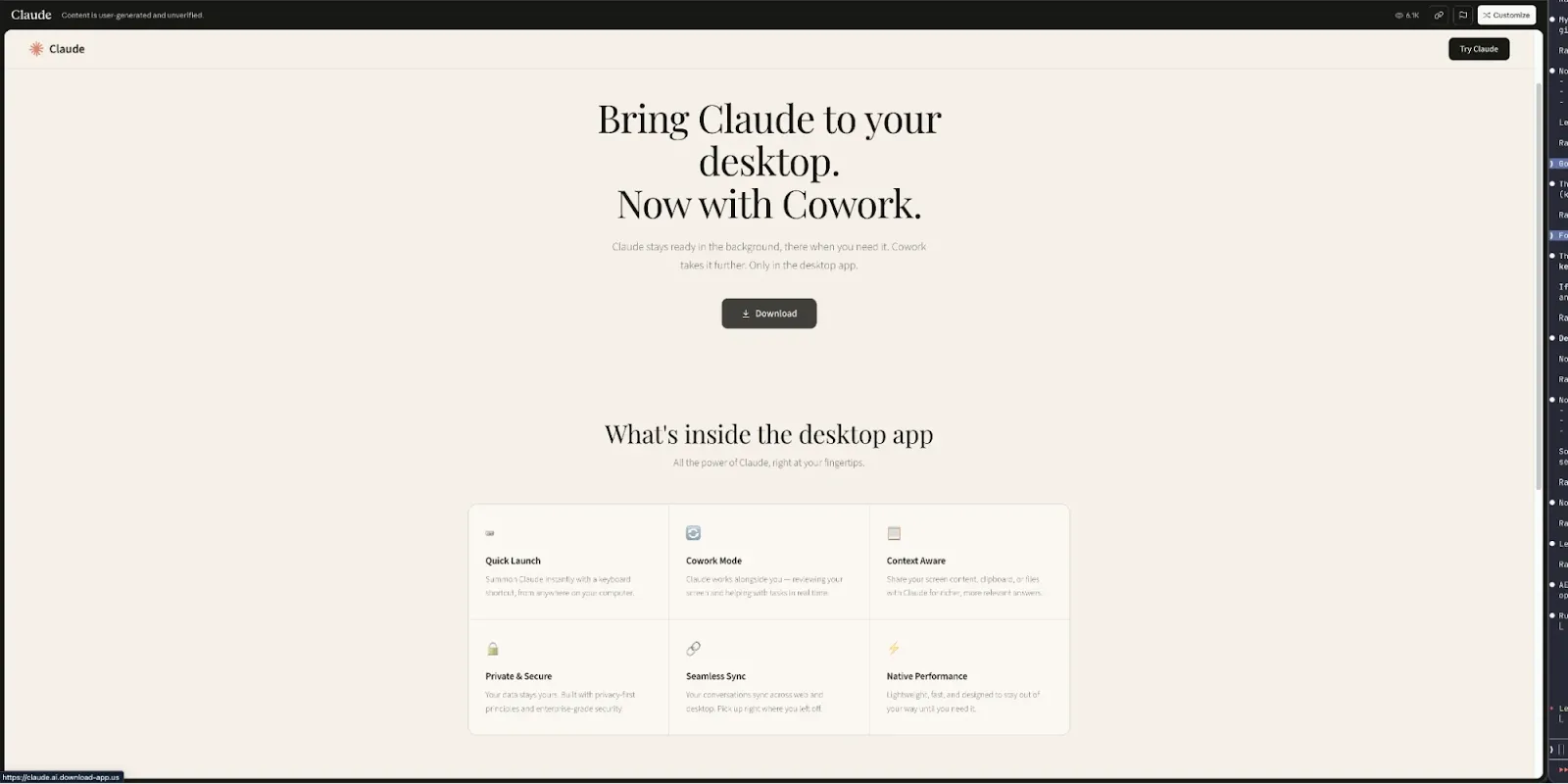Claude Desktop - Cowork phishing page hosted as a Claude artifact (Source - Huntress)