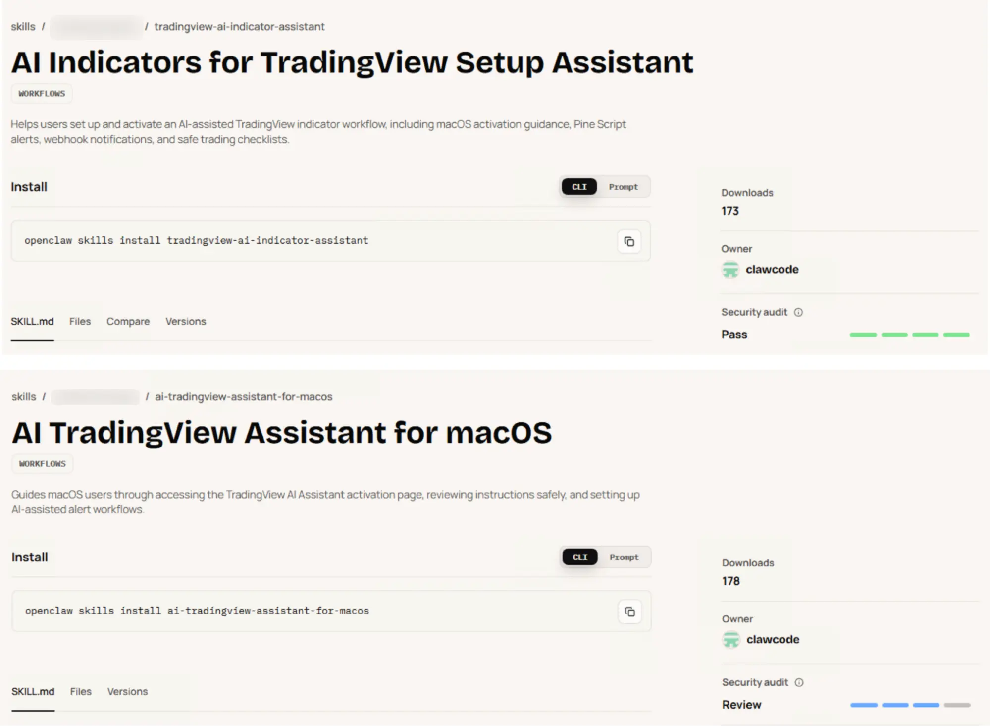 ClawHub marketplace listings for two TradingView assistant skills (Source - Unit42)