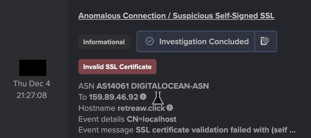 Detection of suspicious SSL connections to retreaw[.]click, indicating an attempted link to Lumma C2 infrastructure (Source - DarkTrace)