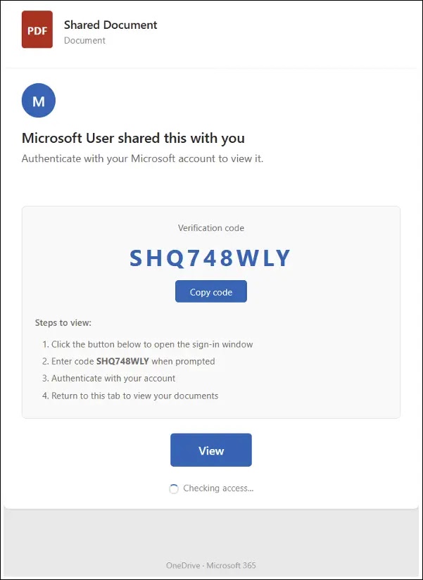 Device-code phishing page with hardcoded verification code (Source - Arctic Wolf)