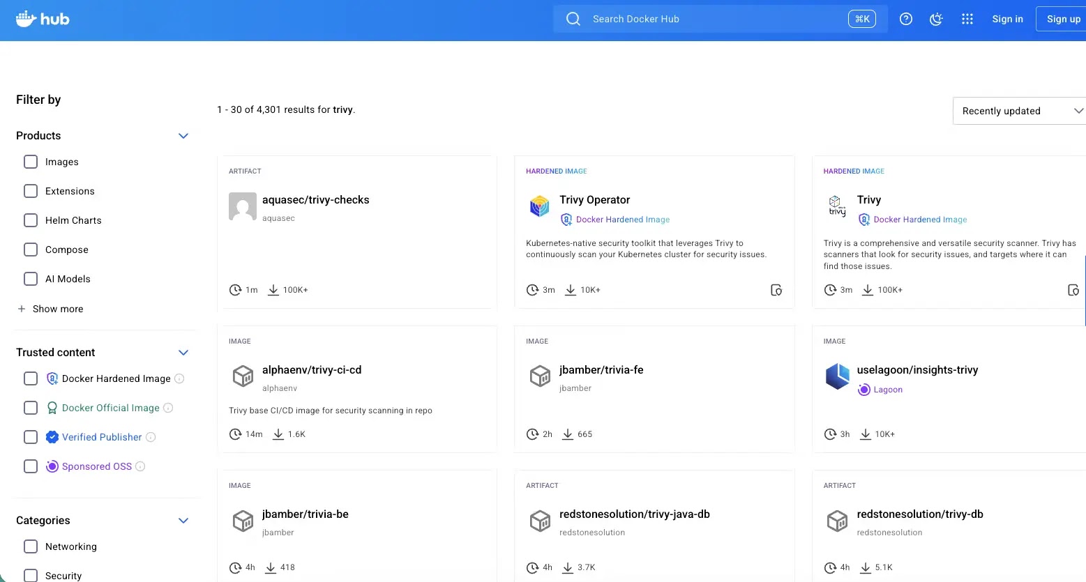 Docker Hub Search Results for Trivy (Source - Socket.dev)