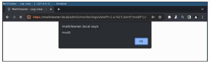 Successful execution of XSS payload sent to monitor logs and view endpoint