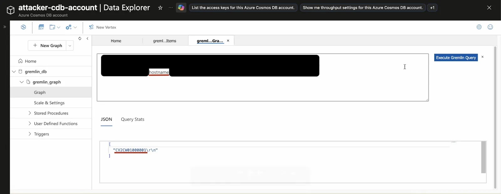 Executing hostname on the Cosmos DB