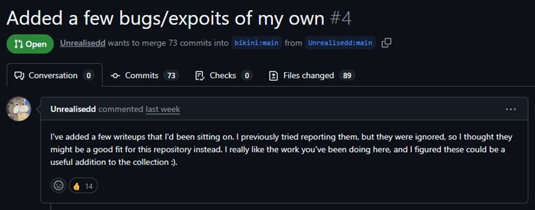 External contributor adds new vulnerability research via Pull Request #4 (Source - LevelBlue)