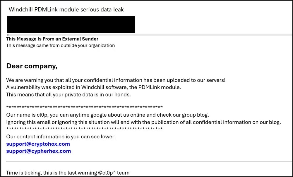 Extortion email sent to employees across the victim organization (Source - Ransom-ISAC)