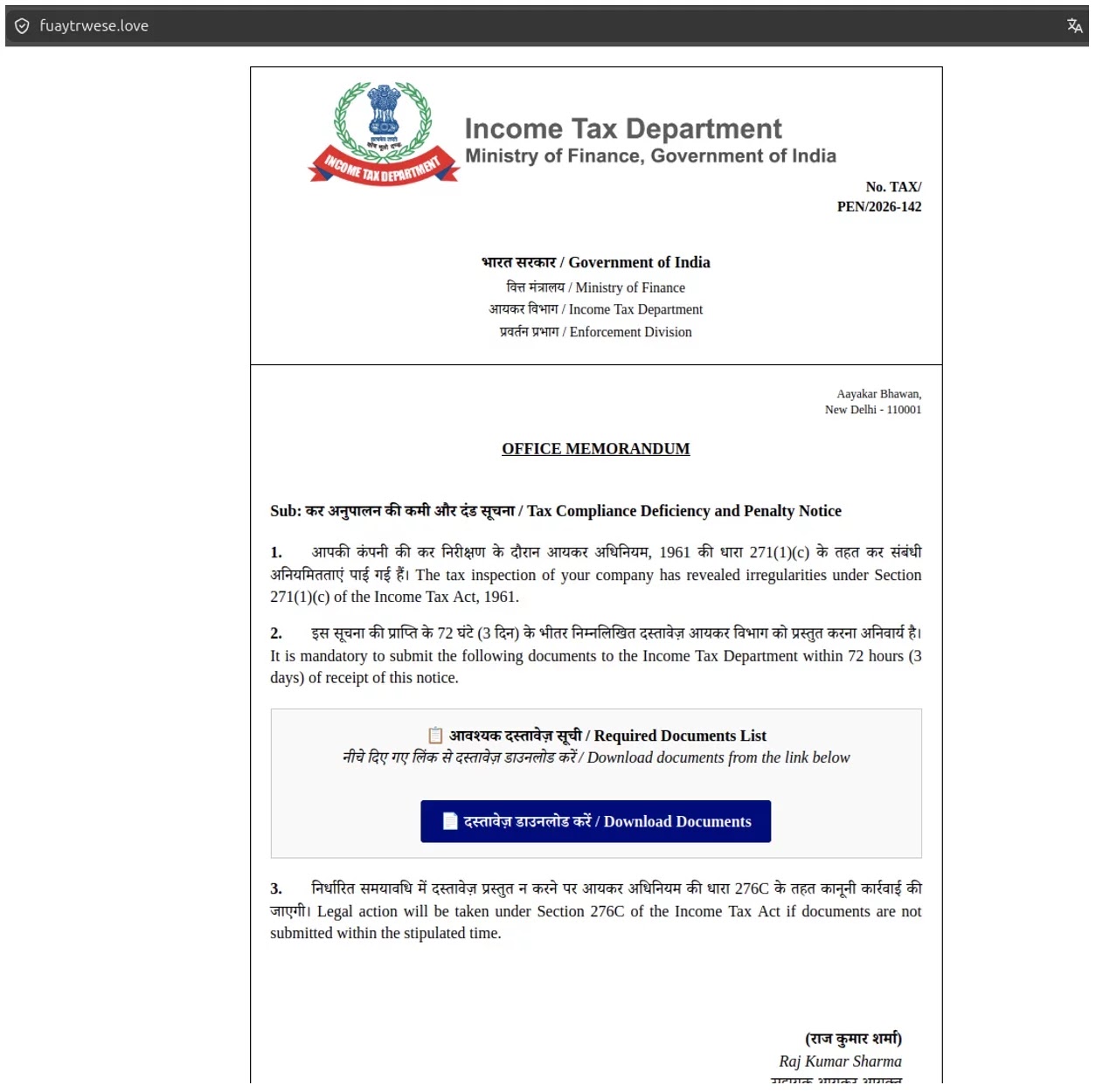 Fake Income Tax Department portal used to host the ZIP file which initiates the Cruciferra infection chain (Source - Proofpoint)