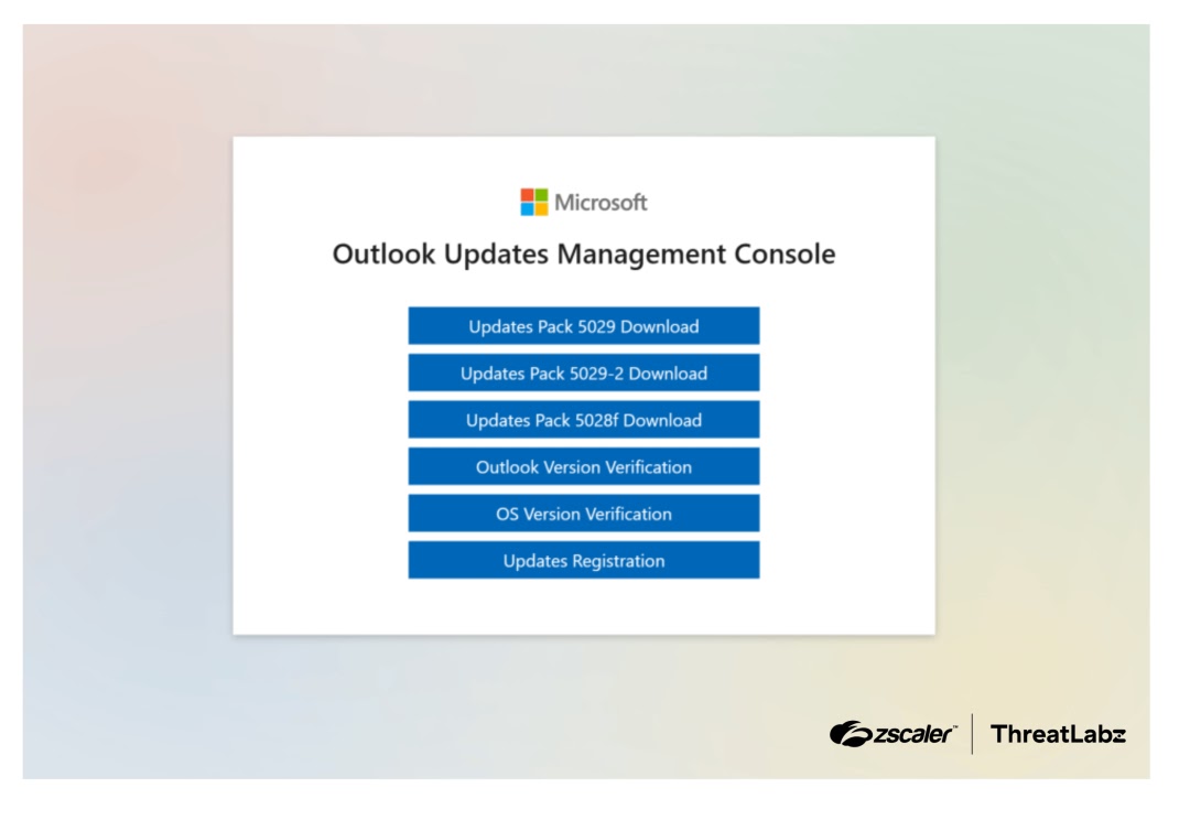 Fake Microsoft website disguised as an 'Outlook Updates Management Console' used to lure victims into executing the malware (Source - Zscaler)