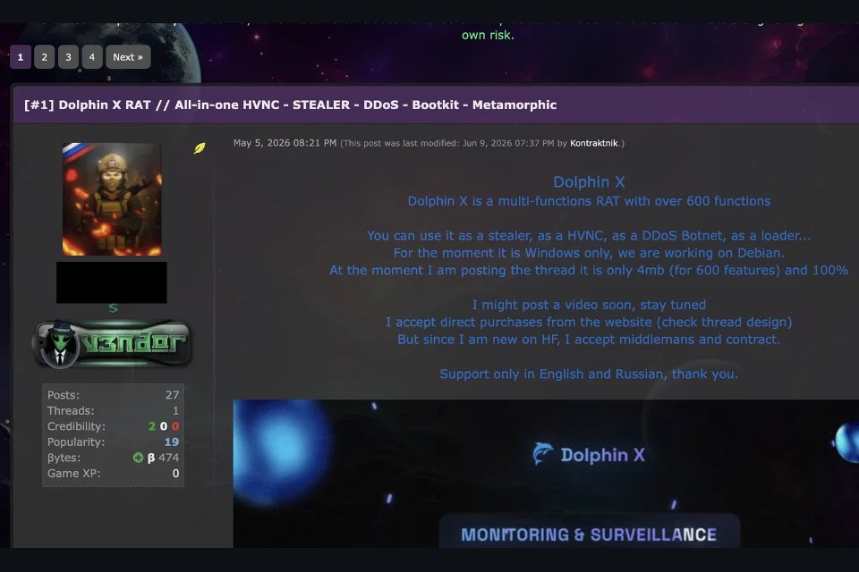 Forum post advertising Dolphin X as an all-in-one RAT (Source - Varonis)