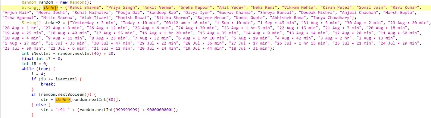 Hardcoded call log data used by the app (Source - Welivesecurity)