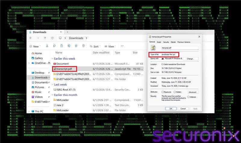 Hidden file extension masking transcript.pdf.js as a PDF in Windows Explorer (Source - Securonix)