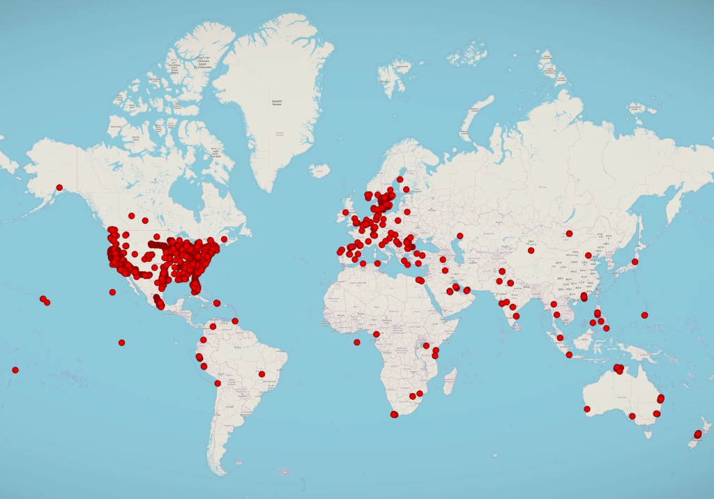 Hundreds of Android devices compromised by Spytech’s spyware plotted on a world map.