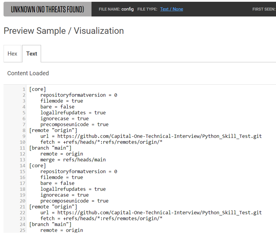 Content of the config file including the URL to the original GitHub repository