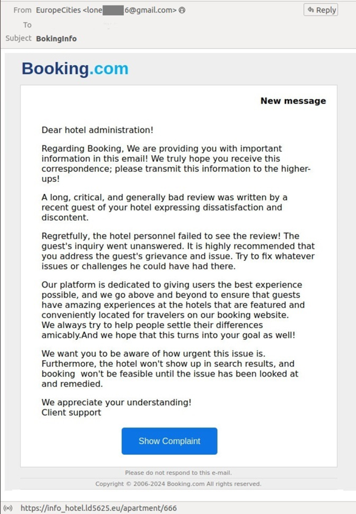 E-mail mimicking a notification from Booking.com