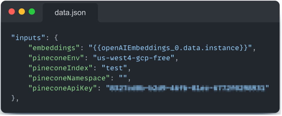 The Pinecone API key that we found hardcoded in one of the flow configurations is shown (source: Legit Security)