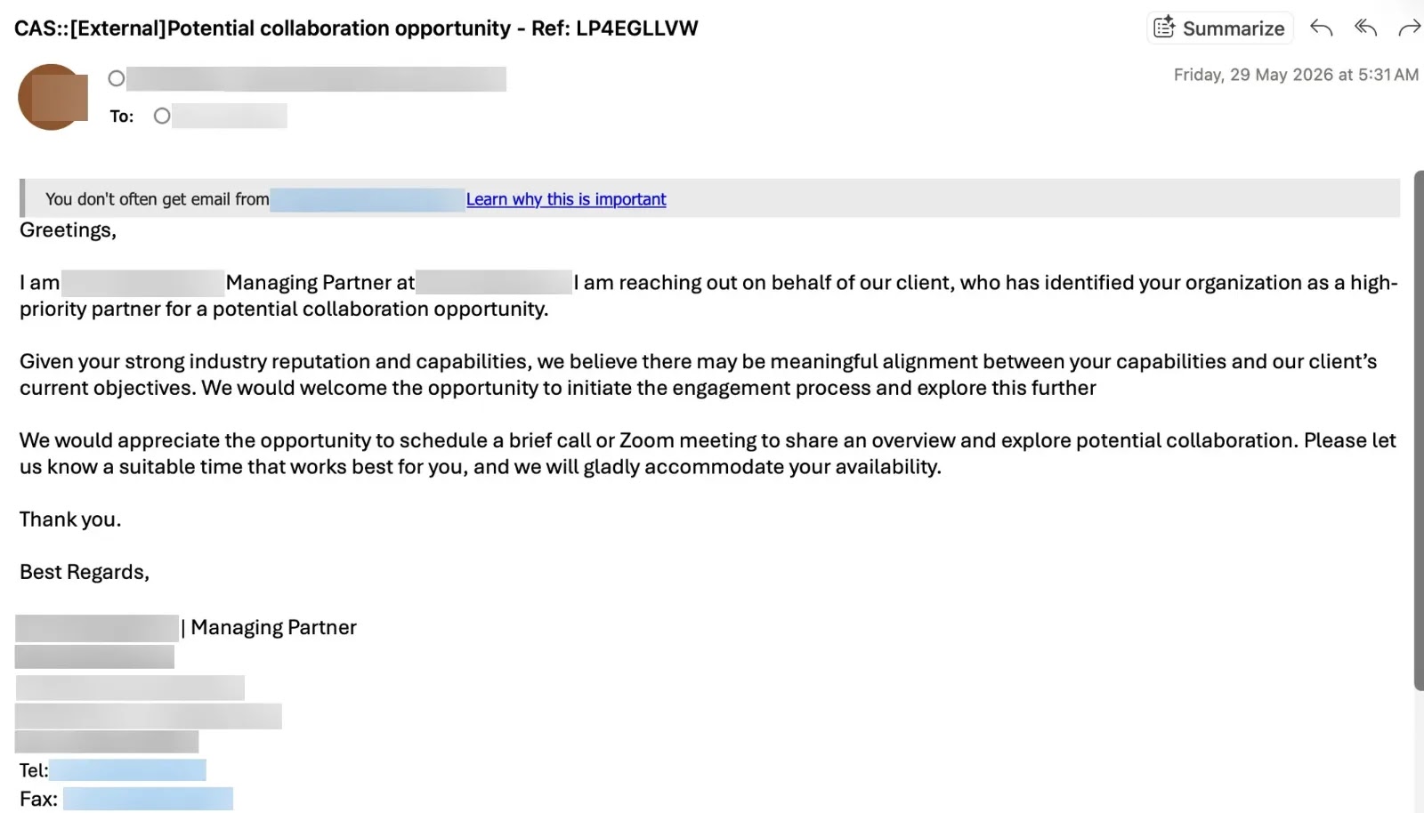 Initial email sent to victim (Source - Trend Micro)