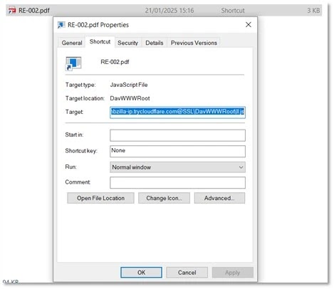 .LNK file with path to JavaScript file (Source - Forcepoint)