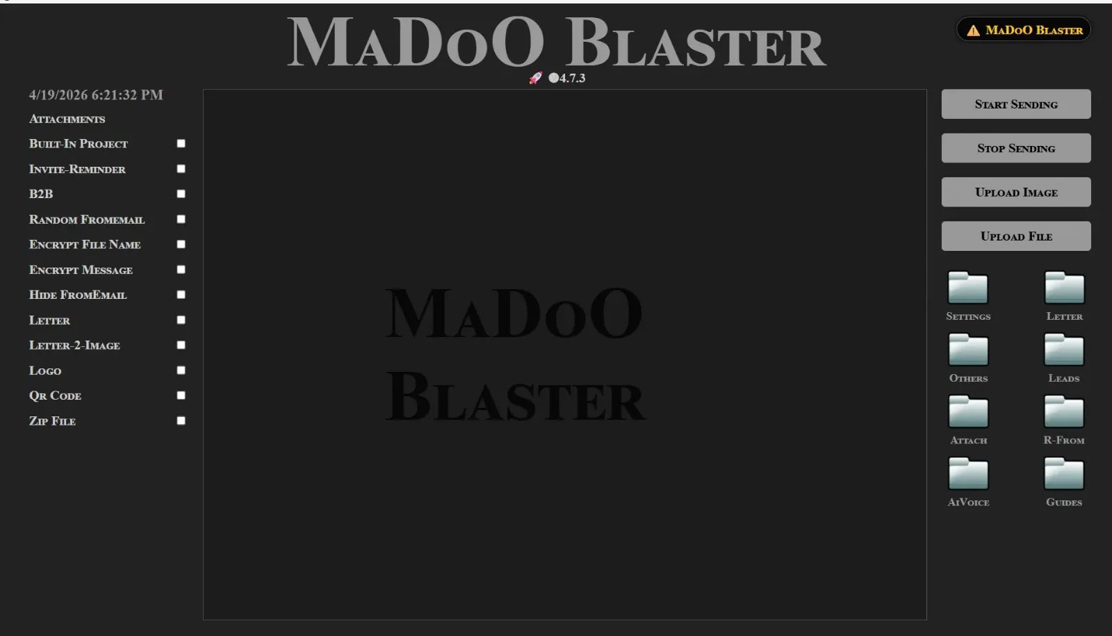 MaDoO Blaster v4.7.3, the operator's custom bulk mailer (Source - Lexfo)