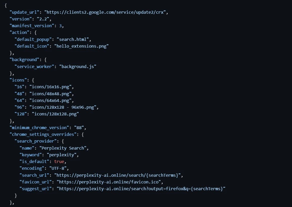 Manifest.json configuration of the analyzed extension (Source - Microsoft)