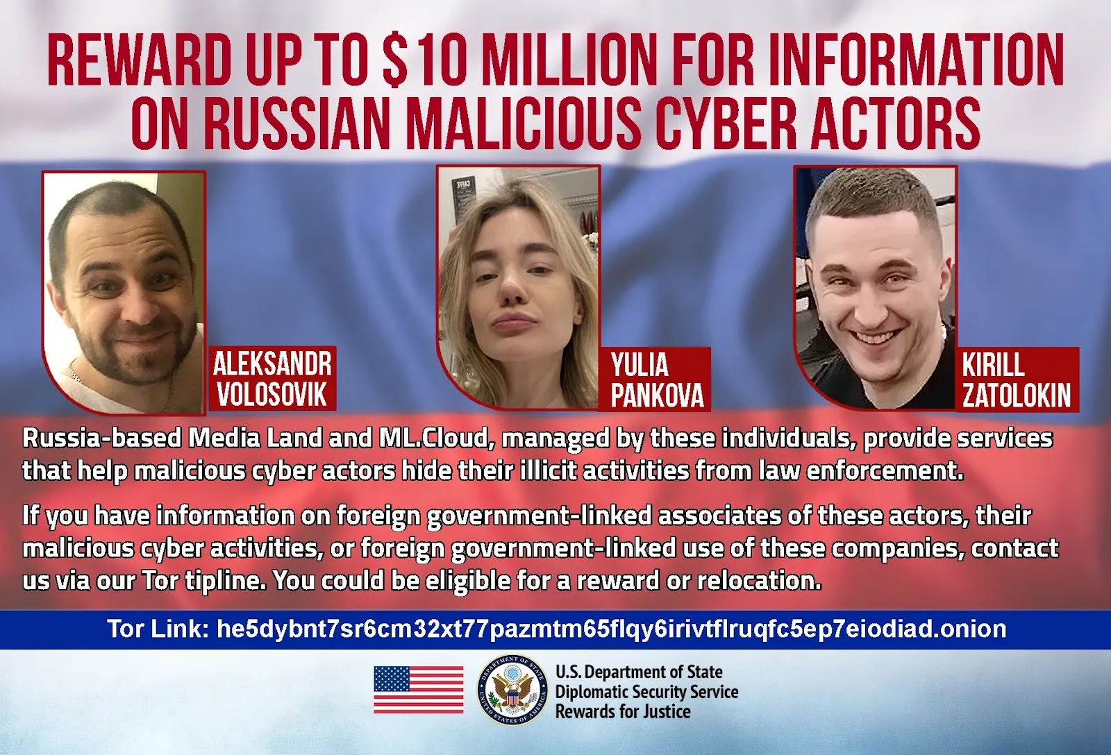 U.S. Rewards for Justice poster offering a $10 million reward for the three indicted Russian nationals.
