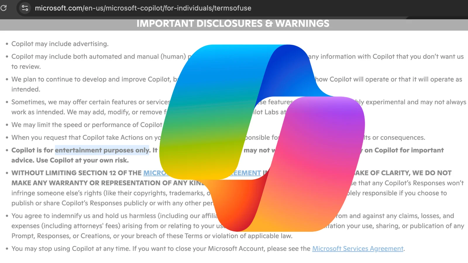 Microsoft Copilot Terms of Service Label Copilot is for Entertainment Purposes Only