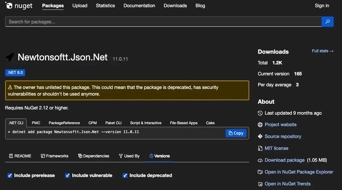Newtonsoftt.Json.Net, version 11.0.11, live on NuGet (Source - JFrog)