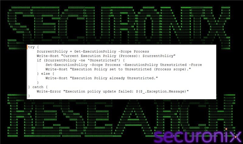 PowerShell execution policy bypass scoped to the current process (Source - Securonix)