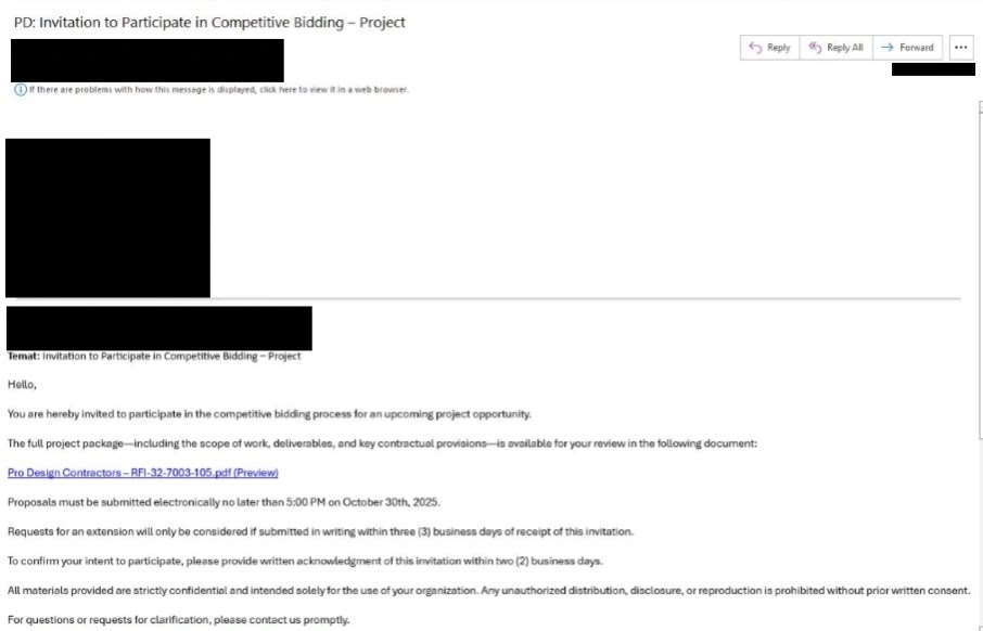Redacted screenshot of sample phishing emails sent to targeted victims through compromised Microsoft Outlook accounts (Source - Infoblox)