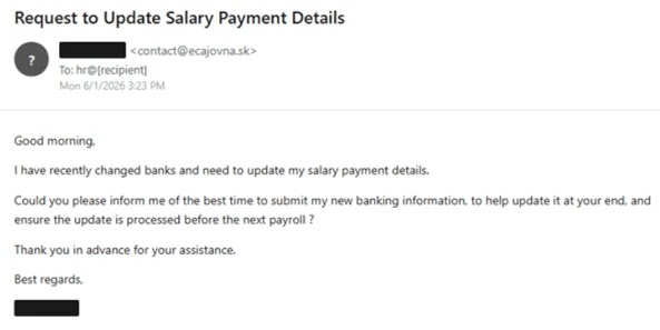 Rendered example of payroll diversion email used in this campaign (Source - Microsoft)