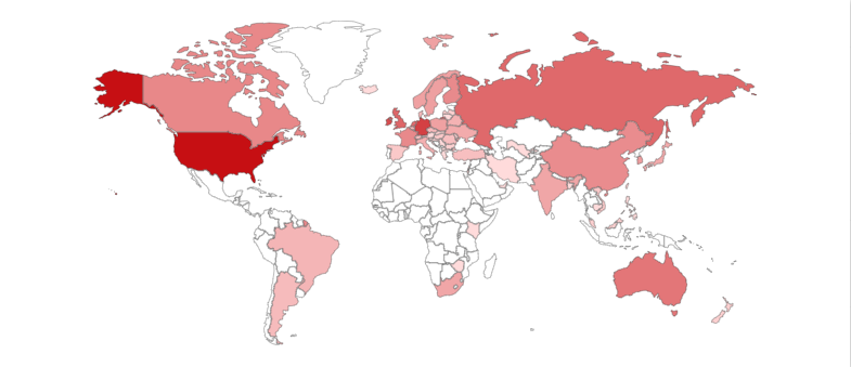 A map of the world with red countries/regions
Description automatically generated